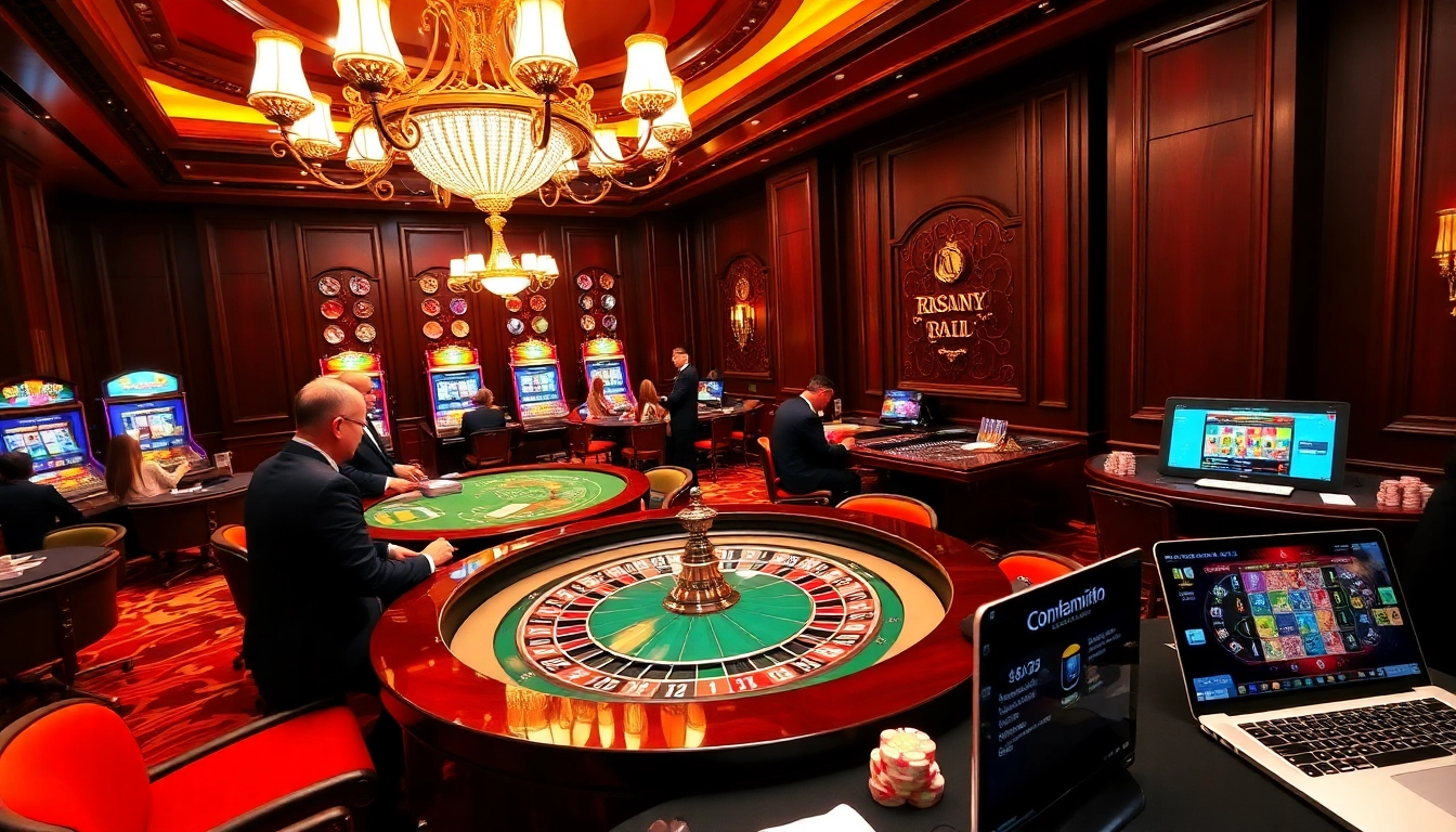 The lively atmosphere of a casino room at https://rr8888.in.net/ featuring roulette, poker, and slot machines.