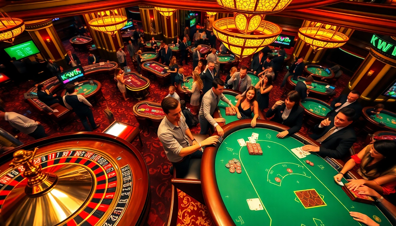 Kwin casino players strategizing around a roulette wheel and poker table in a vibrant gambling environment.