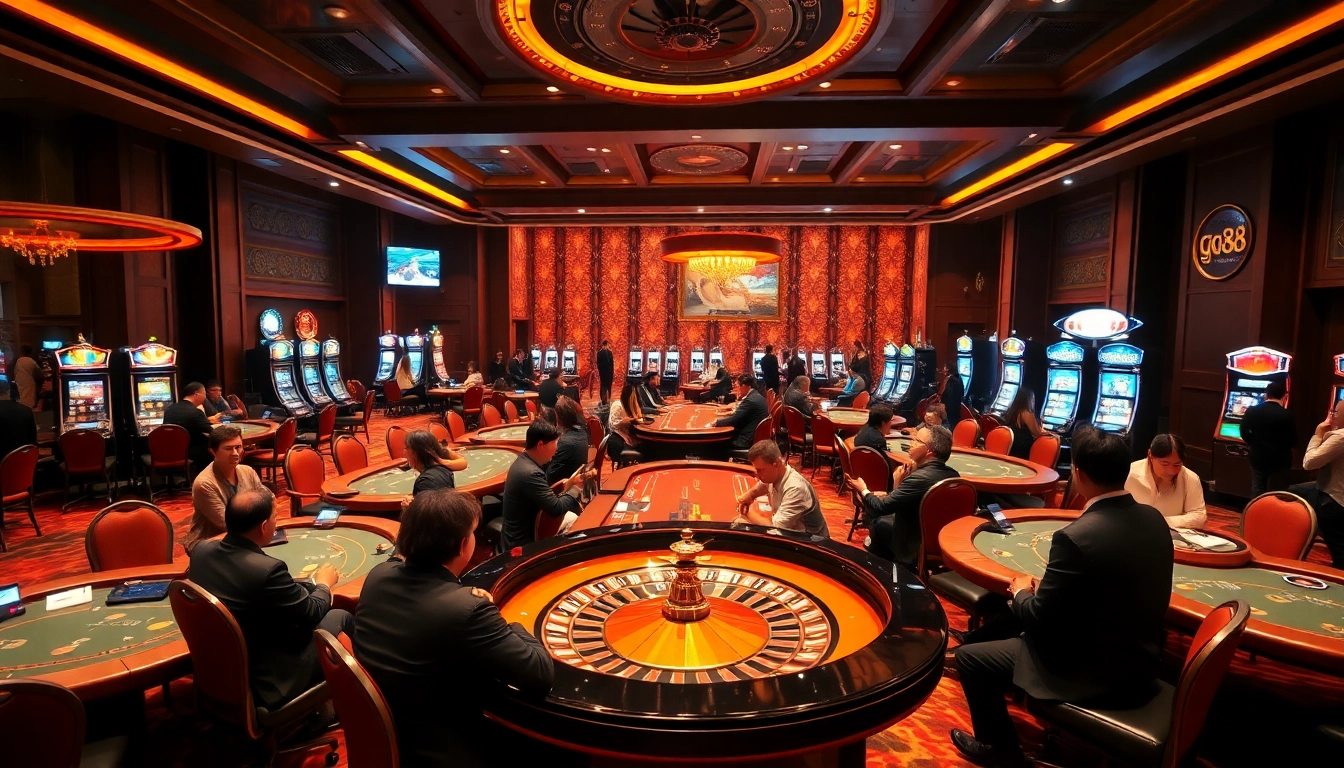 Exciting game play at nhà cái gg88 with players engaged at casino tables and vibrant slot machines.