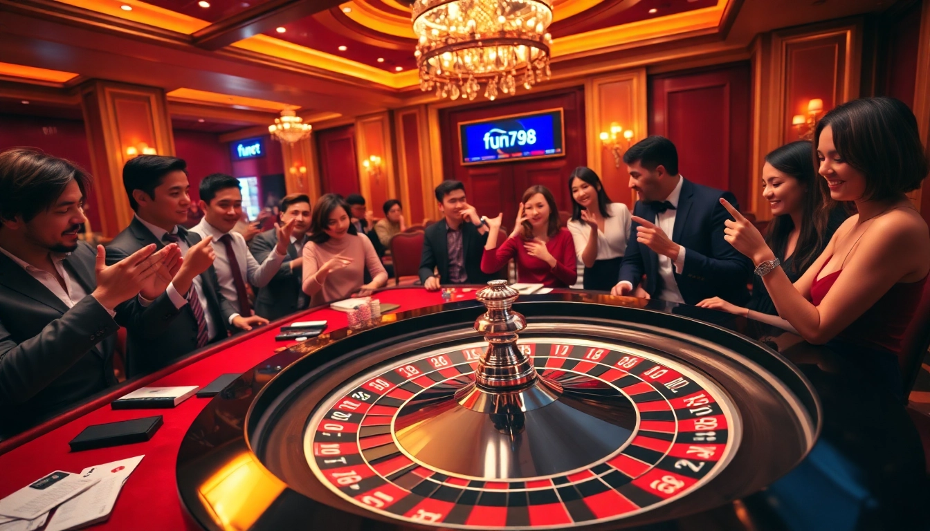 Experience the thrill of fun798 at an exciting casino tableau featuring roulette, chips, and lively players.
