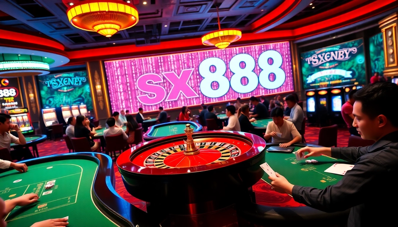 Exciting casino gaming scene featuring players enjoying sx888 with roulette and poker elements.
