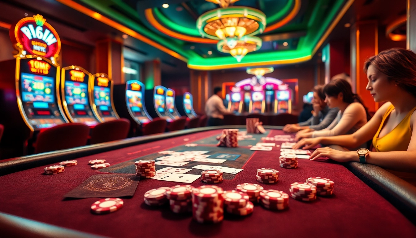 Enjoying an exciting game at https://88vv.com.de/ with vibrant poker chips and illuminated slot machines.