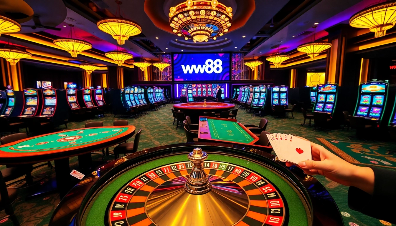 Experience high-stakes excitement with WW88’s vibrant casino atmosphere featuring tables and slot machines.