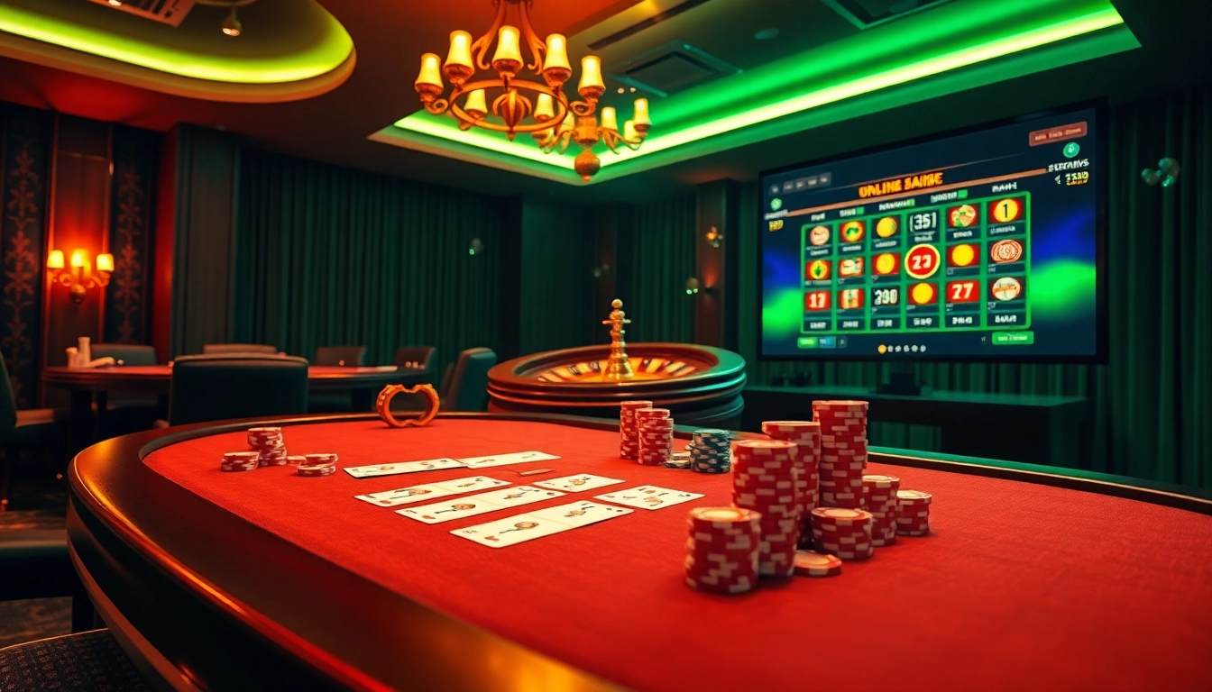 Experience the thrill of RR88 with vibrant poker chips and a roulette wheel in a luxurious casino setting.