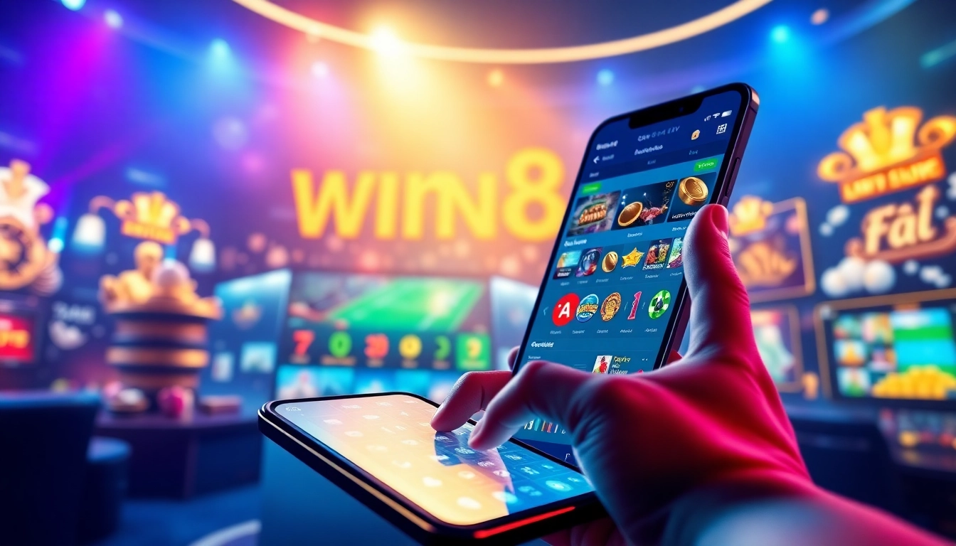 Engaging online gambling scene showcasing winvn88.live mobile app with vibrant graphics.