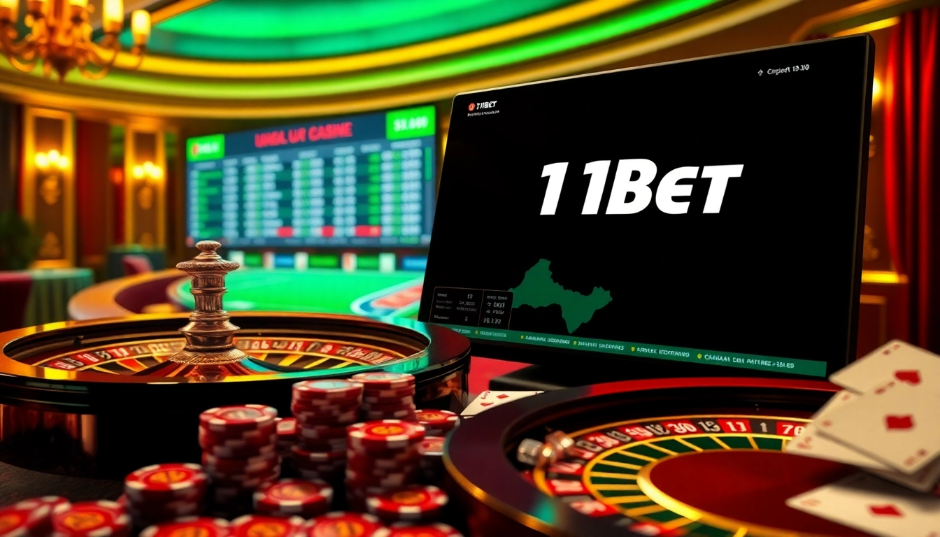 Place bets and win big at Link vào 11BET, featuring vibrant poker chips and casino elements.
