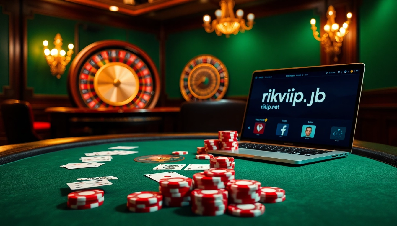 Experience the thrill of gaming at rikvip.gb.net with luxurious poker tables and vibrant chips.