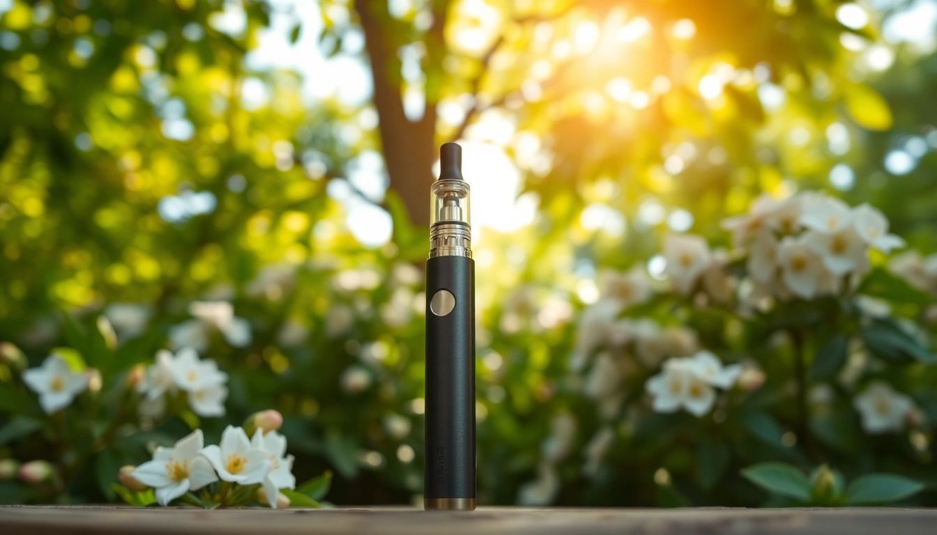 Buy DMT vape pen featured in a serene garden, showcasing its sleek design.