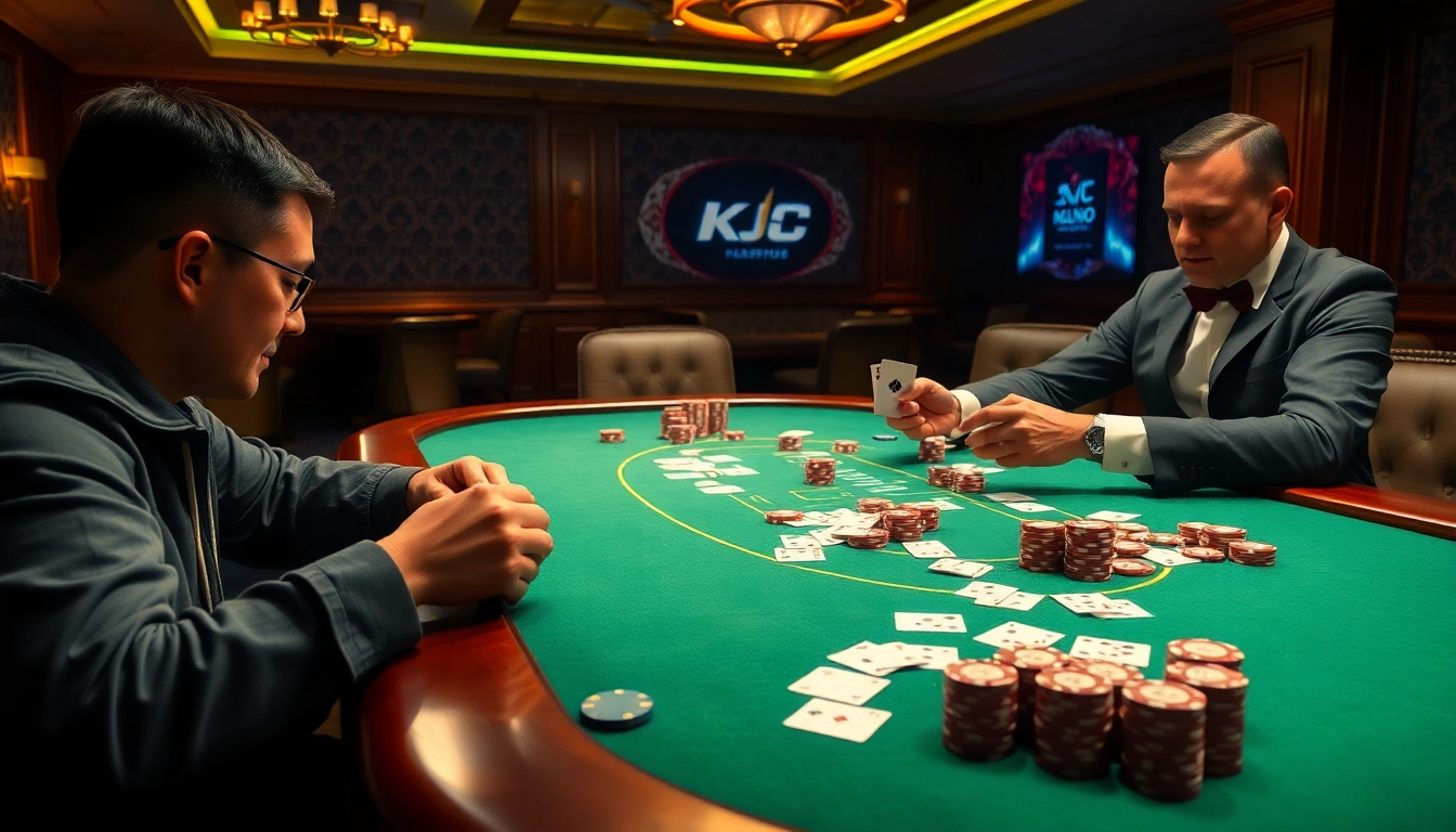 KJC-themed poker scene showcasing excitement and strategy at a luxurious casino table.