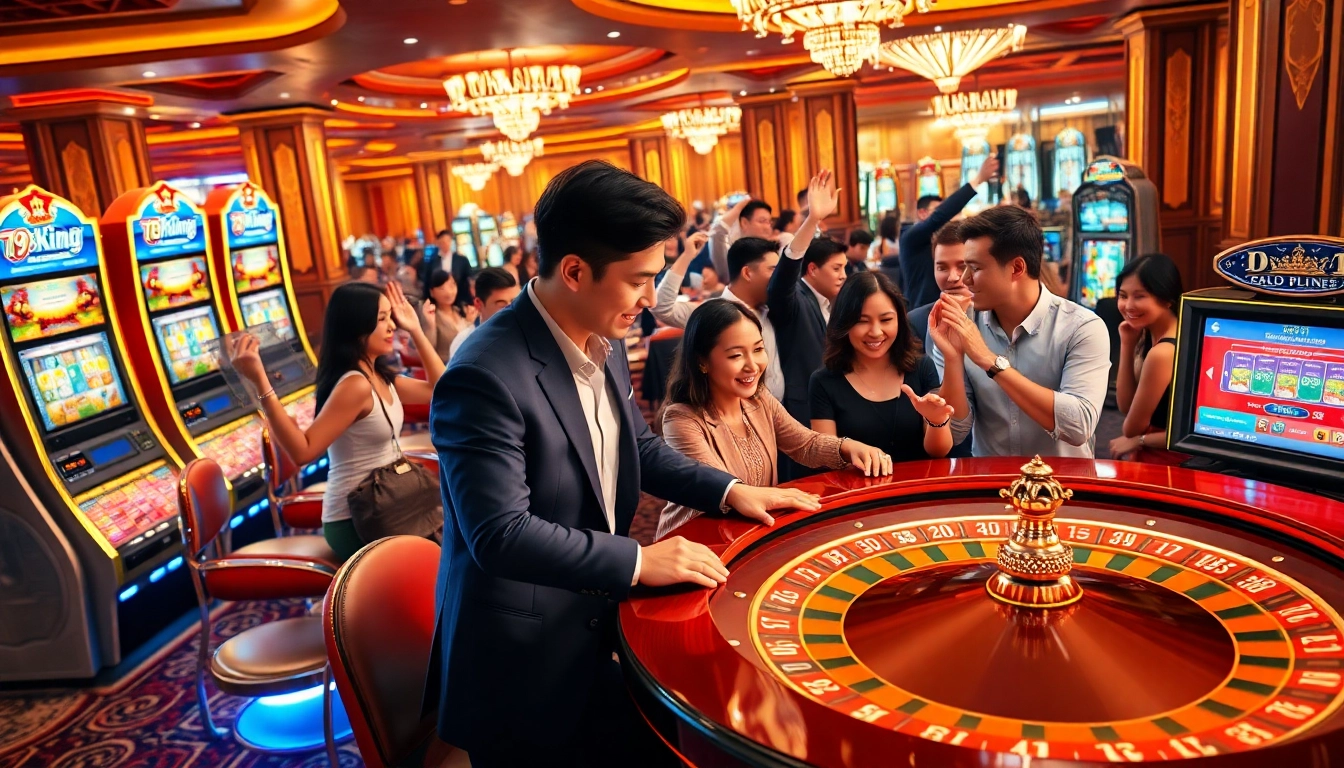 Players enjoying an exhilarating time at 79king com vn casino tables, celebrating their wins.