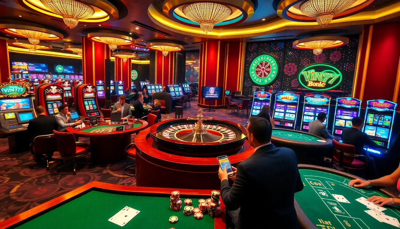 Experience the thrill of vin777 ws with players enjoying a luxury casino atmosphere filled with roulette and slot machines.