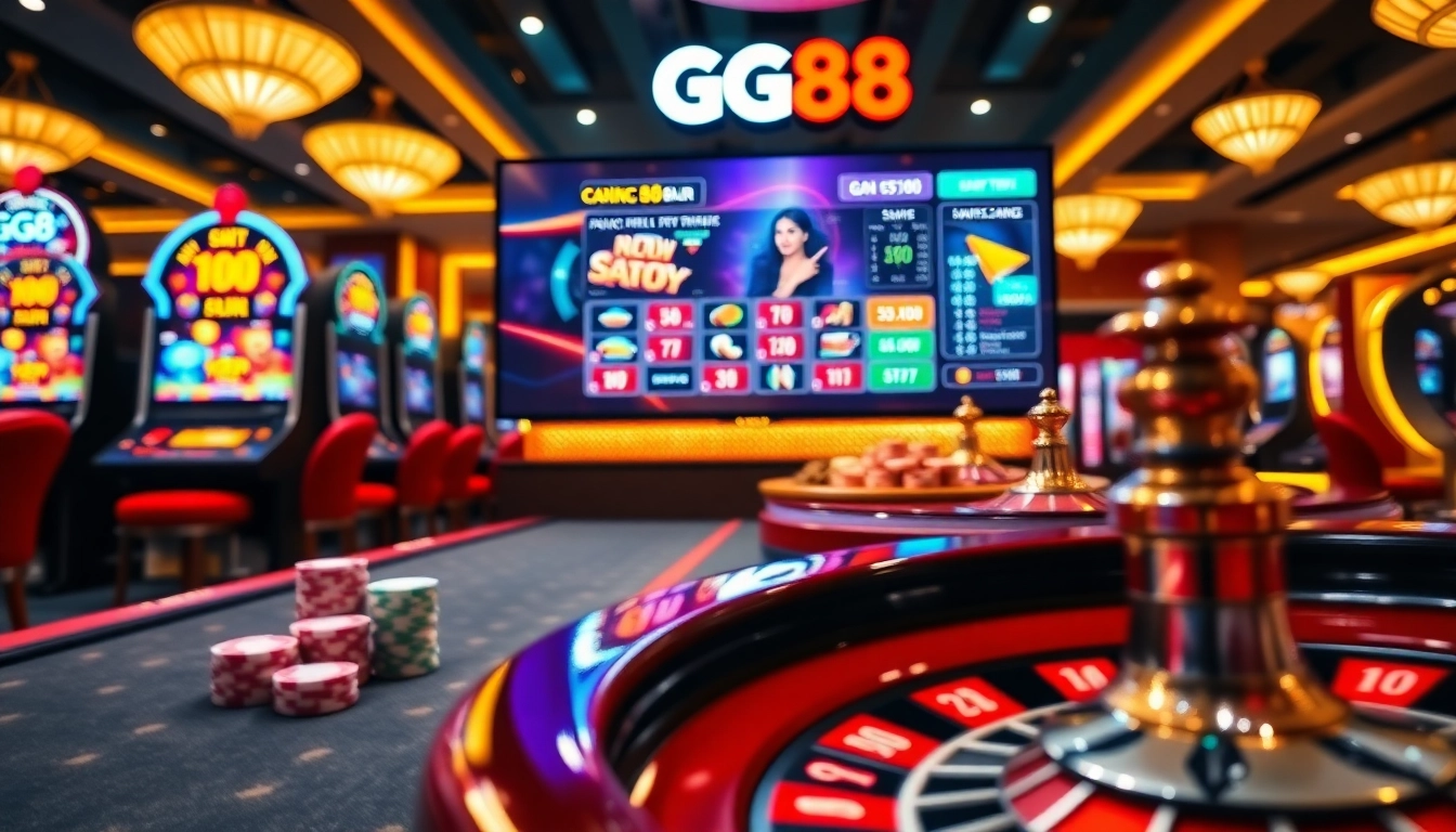 Experience the excitement of GG88 with vibrant casino elements like slots, poker chips, and roulette.