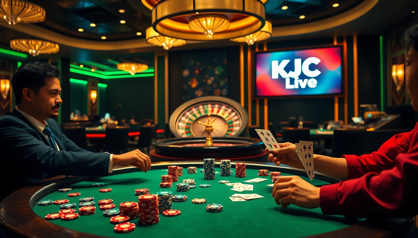 KJC live streaming casino scene with poker players and a roulette wheel, showcasing vibrant energy and excitement.