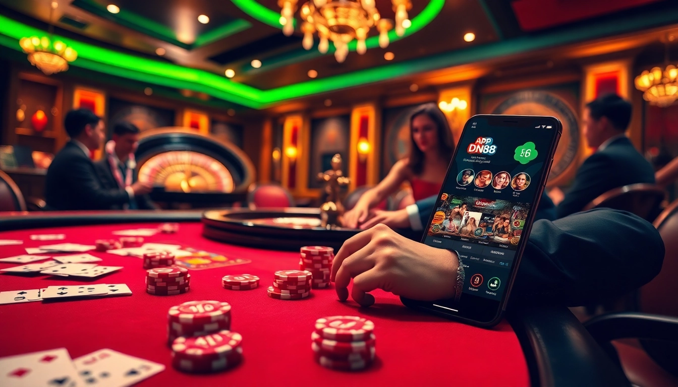 Experience the excitement of gambling with the app dn88 in a luxurious casino setting with vibrant colors and professional dealers.