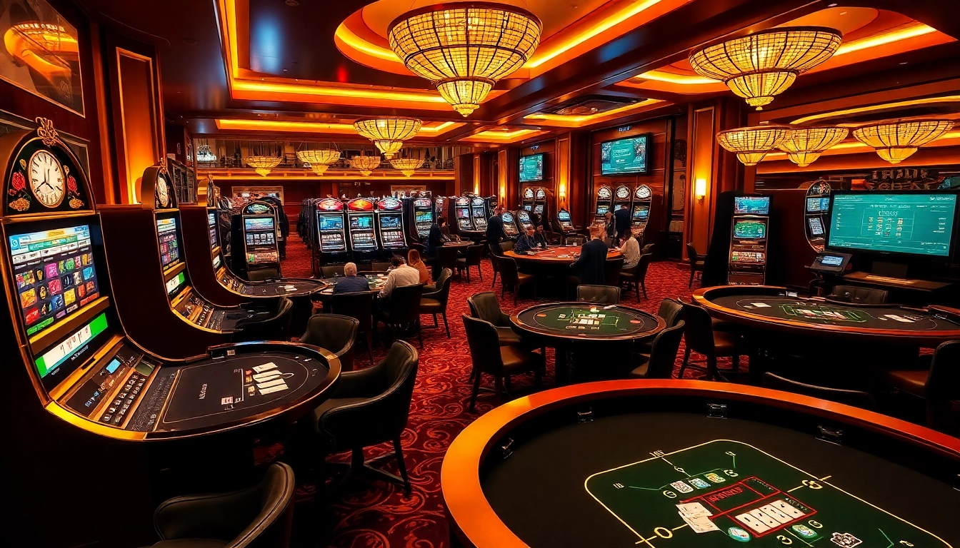 Vibrant casino scene depicting professional gameplay at lc88.art with elegant poker tables and slot machines.