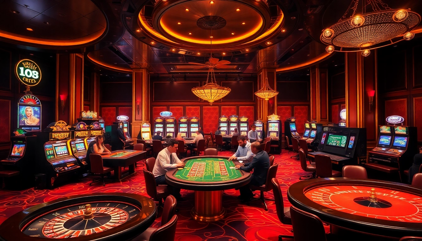 Experience the thrill of MB 66 with players at poker and blackjack tables in a vibrant casino setting.