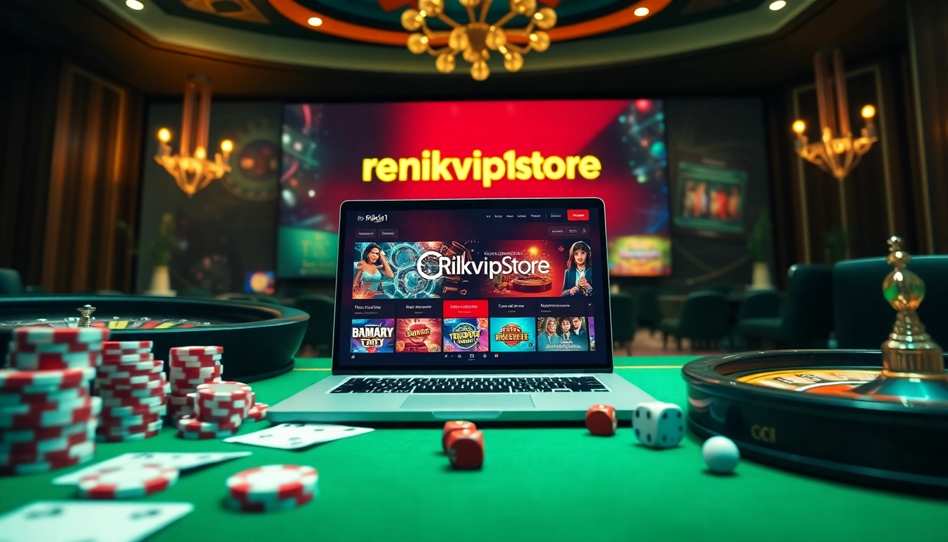 Experience online gambling excitement at https://rikvip1.store/ with a vibrant casino setup featuring poker chips and a roulette wheel.