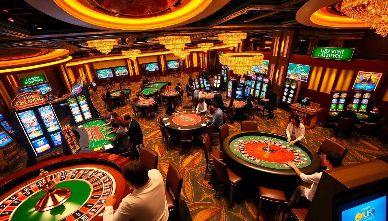 Experience the excitement of gambling at LIÊN MINH KJC with vibrant casino tables and lively players.