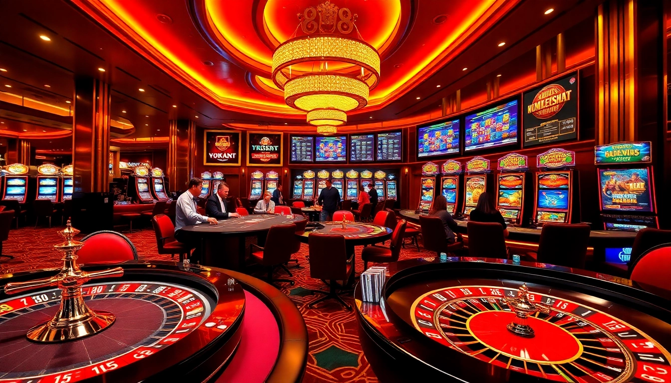 Betting excitement at https:/nk88.us.com/ with players at poker tables and roulette wheels.