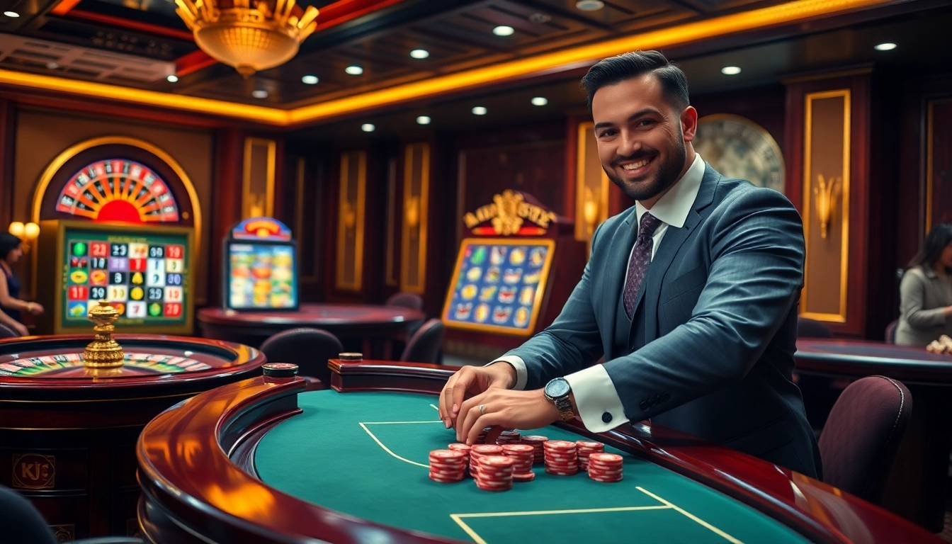 KJC players engaging in an exciting round of poker in a luxurious casino setting.