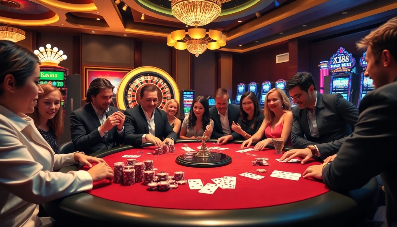 Join the thrill of gameplay at XX88 with poker chips and a roulette wheel in a luxury casino.