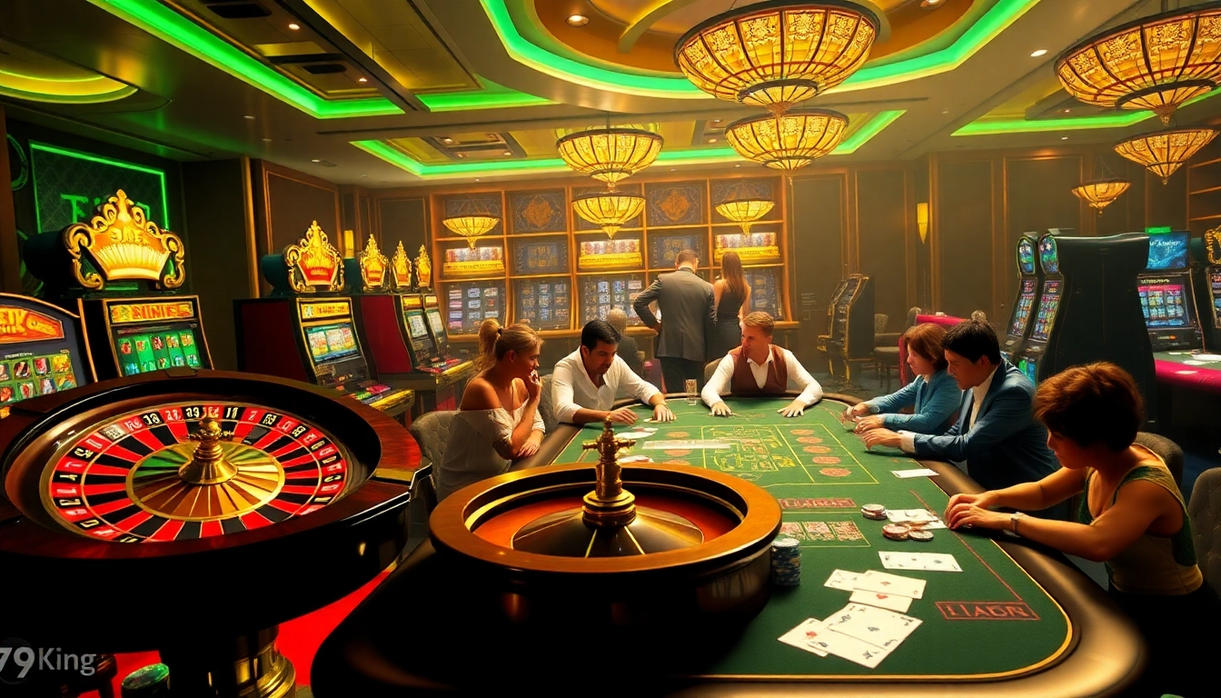 Thrilling gaming experience at 79King with poker tables, roulette wheels, and engaging players.
