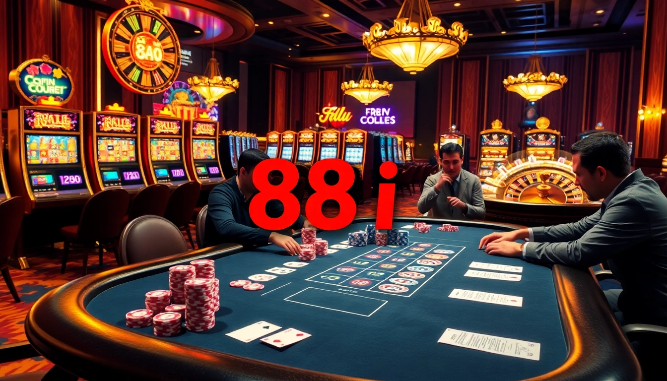 High-stakes poker action and vibrant slots at a casino showcasing 88i excitement.
