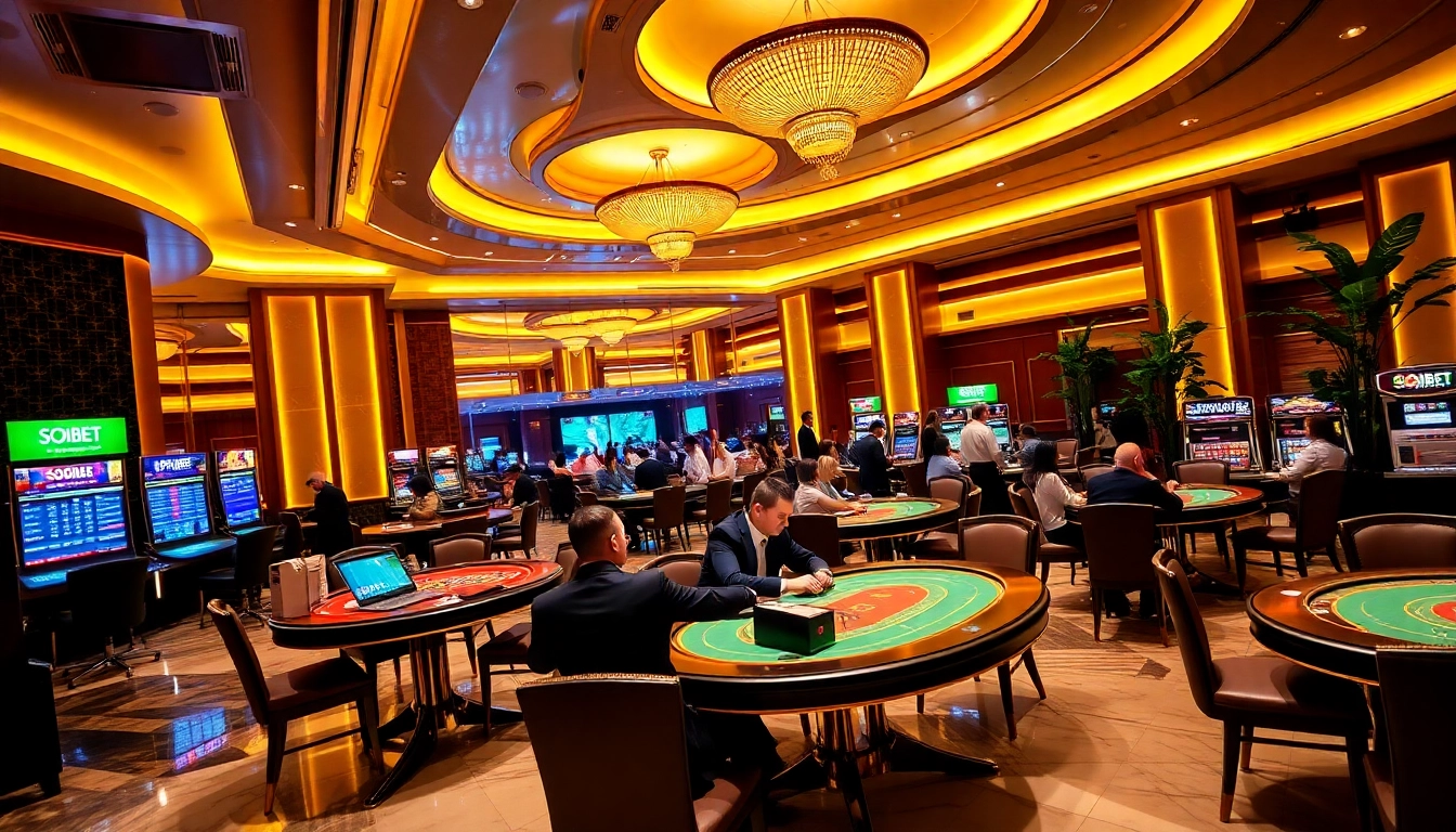 Players enjoying a thrilling game of poker at SOIBET casino with elegant decor