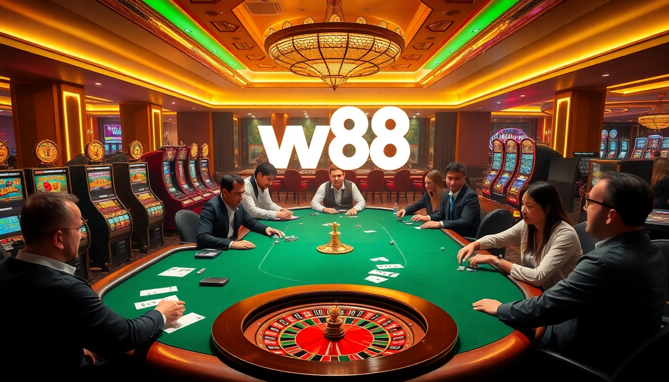 Players enjoying games at ww88 casino with vibrant slot machines and poker tables
