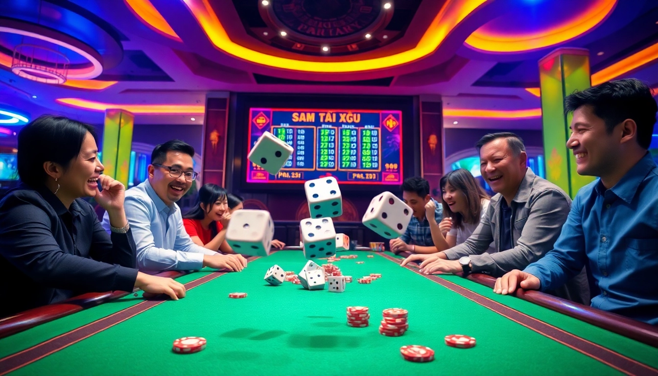 Tài Xỉu players enjoying an exciting game with colorful dice and chips in a modern casino.