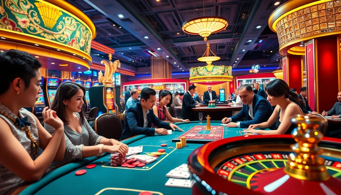 Hello88 Vina luxurious casino scene showcasing players engaged at poker tables and slot machines.
