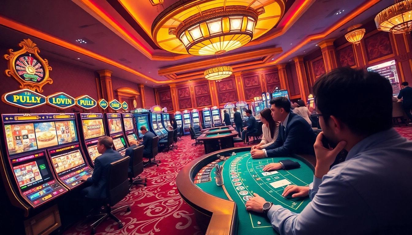 A dynamic casino scene filled with excitement, featuring players at tables and slots, showcasing 123win vn's thrilling gaming experience.