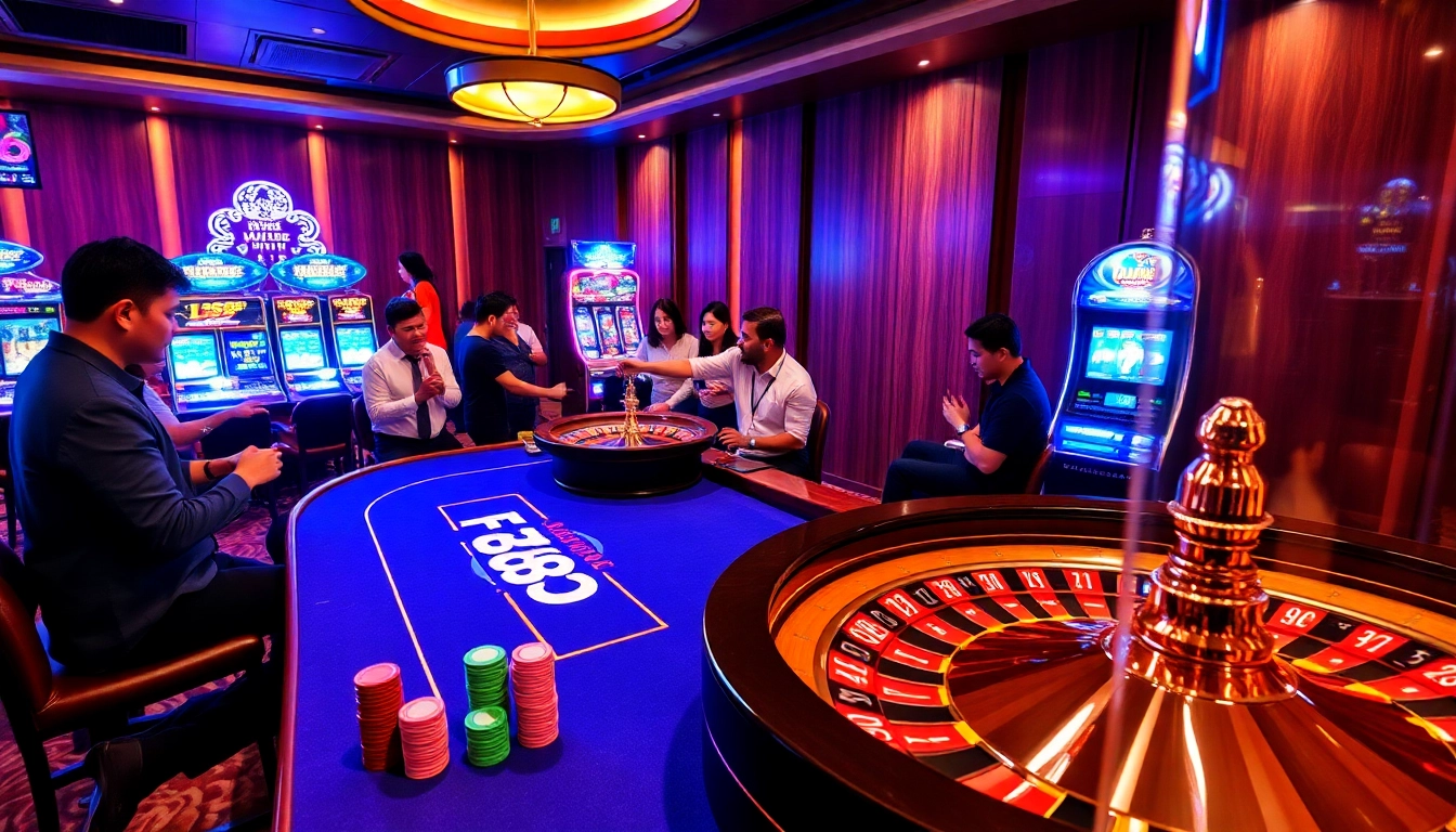 Players enjoying high-stakes games at an FB88 casino, showcasing vibrant tables and excitement.