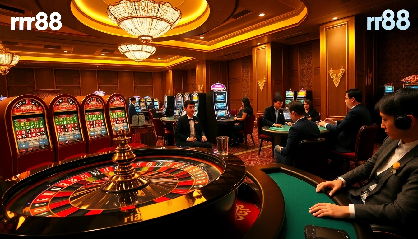 rr88 gamblers enjoying a luxurious casino experience with vibrant slot machines and poker tables.