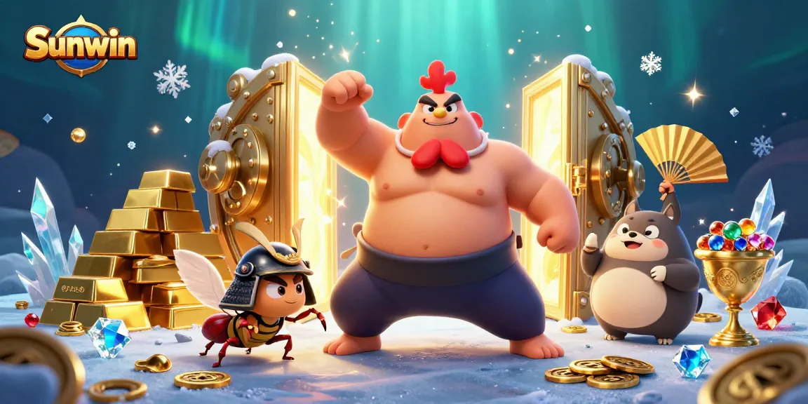 Sunwin's dynamic gaming scene with sumo wrestler, samurai cricket, and treasure vault.