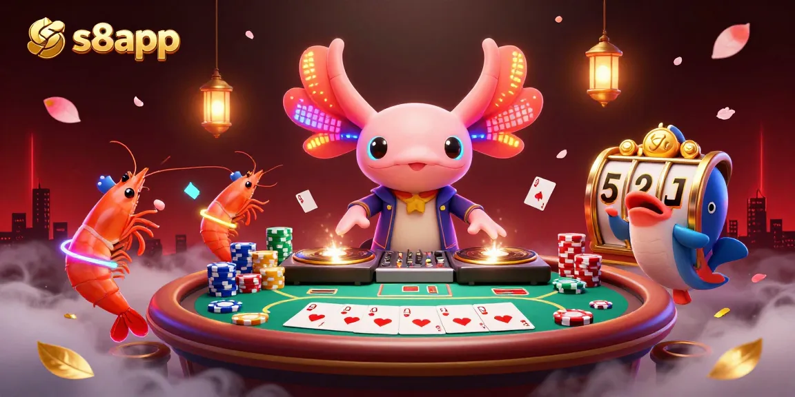 S8app showcases dynamic gambling vibes with a dazzling DJ axolotl, poker chips, and energetic sea creatures in a vibrant underwater casino scene.