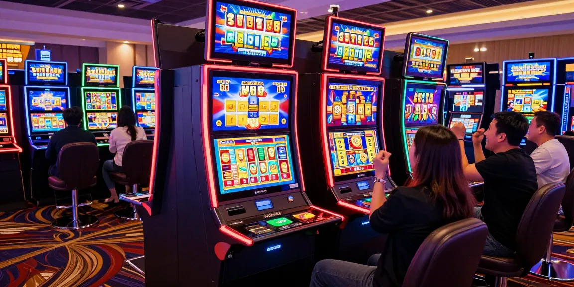 Dynamic scene of players engaging with slot88 machines in a lively casino atmosphere.