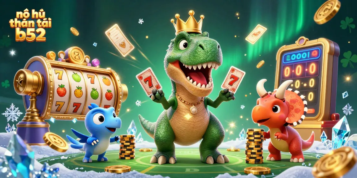 Nổ hũ thần tài b52 showcases a fun 3D slot scene with a T-Rex, pterodactyl, and triceratops among vibrant game elements.