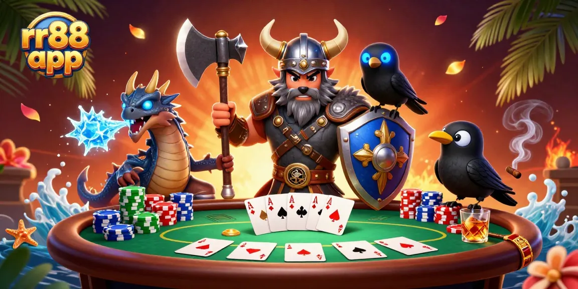 Engage with the rr88 app through this vibrant 3D illustration featuring a Viking warrior, dragon, and poker action.