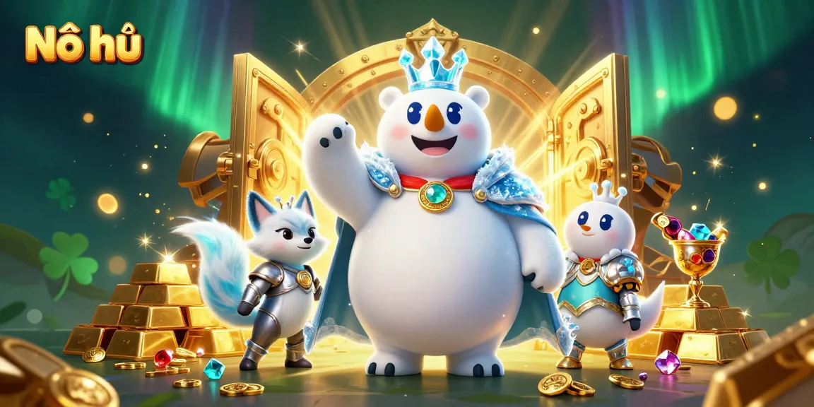 Nổ hũ jackpot themed scene with the ice king polar bear and treasure elements illustrating high-stakes gaming excitement